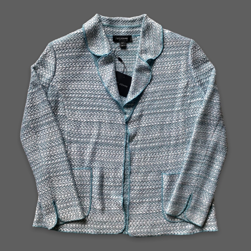 NWT ST JOHN Cardigan Sweater Blue Topaz Multi Knit Jacket Wool Blend Sz 6